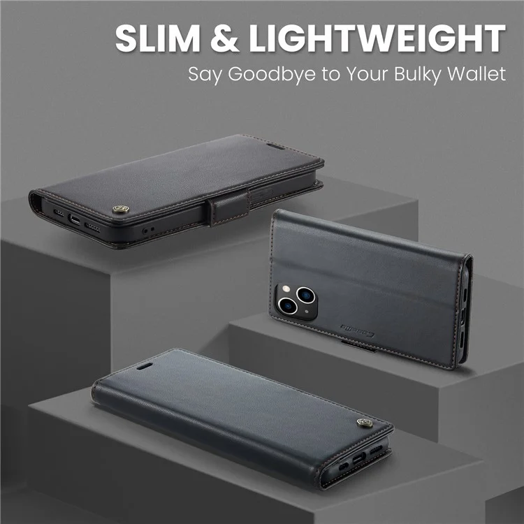 CASEME 023 Serie RFID Blocking Wallet Case per iPhone 14, Custodia in Pelle PU con Supporto per Cellulare - Nero