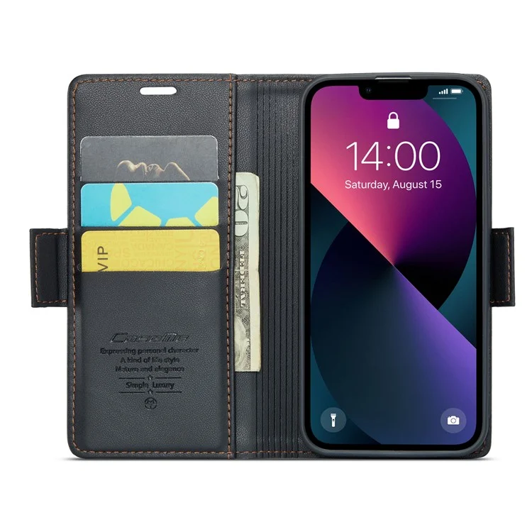 CASEME 023 Serie RFID Blocking Wallet Case per iPhone 14, Custodia in Pelle PU con Supporto per Cellulare - Nero