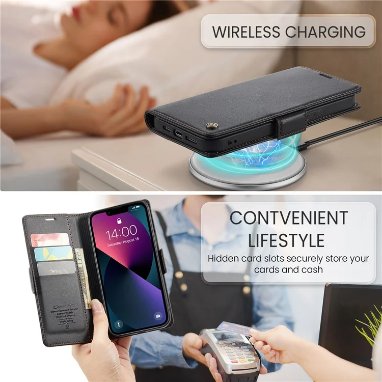 CASEME 023 Serie RFID Blocking Wallet Case per iPhone 14, Custodia in Pelle PU con Supporto per Cellulare - Nero