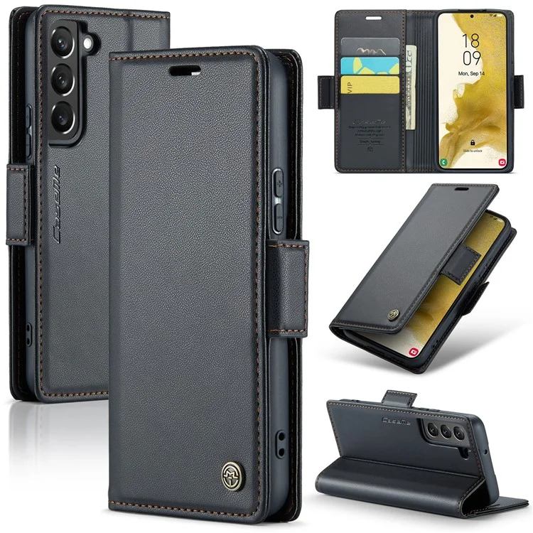 For Samsung Galaxy S22+ 5G Leather Case CASEME 023 RFID Blocking 3 Card Slot Mobile Cover - Black