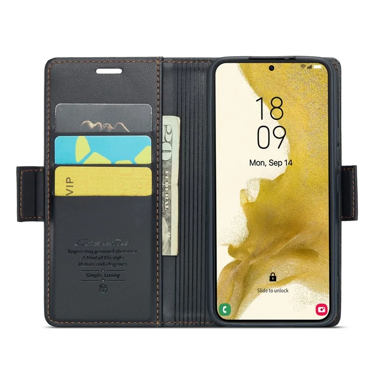 For Samsung Galaxy S22+ 5G Leather Case CASEME 023 RFID Blocking 3 Card Slot Mobile Cover - Black