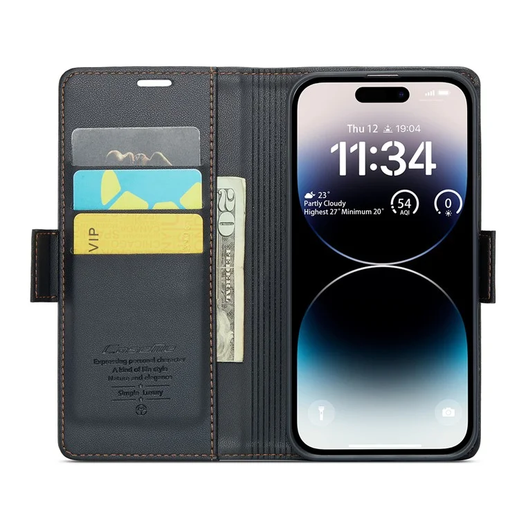 CASEME 023 Serie para iPhone 14 Pro Funda de teléfono con billetera de piel PU con bloqueo RFID - Negro