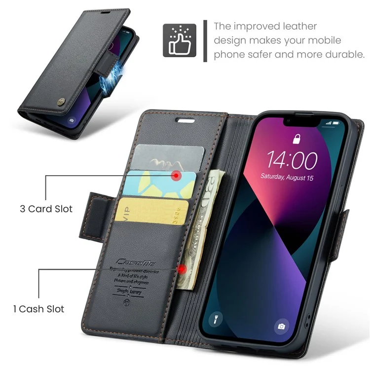 For iPhone 14 Plus Leather Case CASEME 023 RFID Blocking 3 Card Slot Mobile Cover - Black