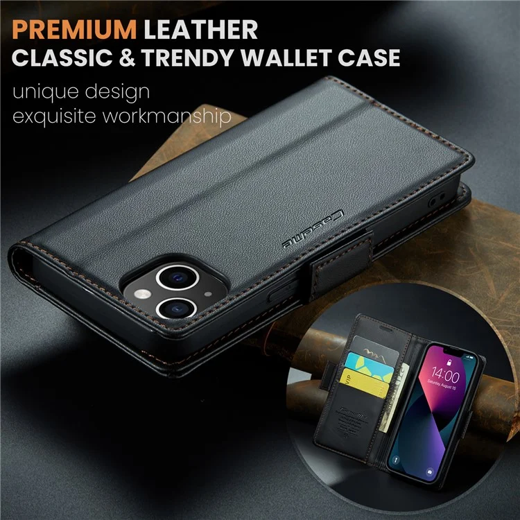 For iPhone 14 Plus Leather Case CASEME 023 RFID Blocking 3 Card Slot Mobile Cover - Black