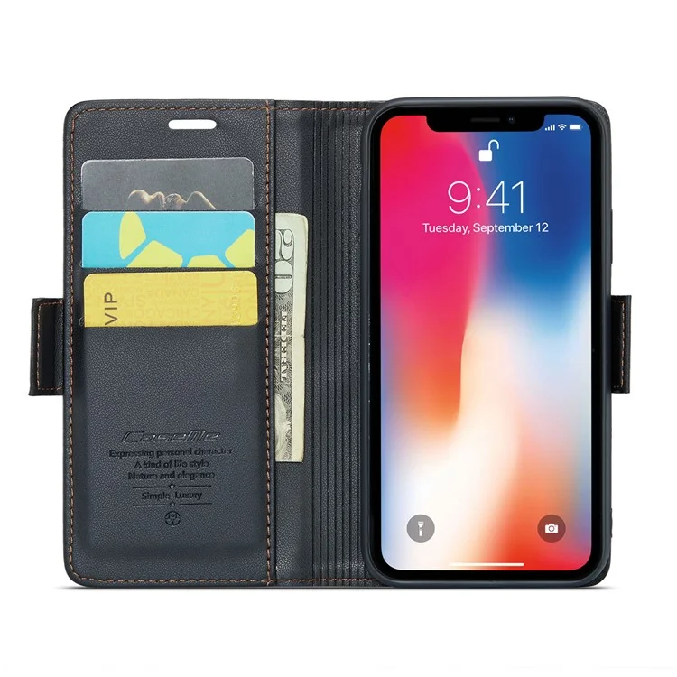 CASEME 023 серия для iPhone XS Max 6.5 дюйма Кожаный бумажник с текстурой личи RFID-блокировка Откидная подставка - Черный