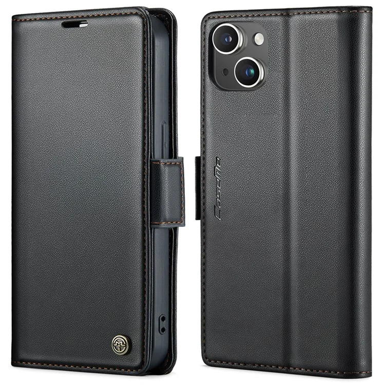 CASEME 023 Series For iPhone 13 6.1 inch Litchi Texture Phone Case RFID Blocking Wallet Stand PU Leather Cover - Negro