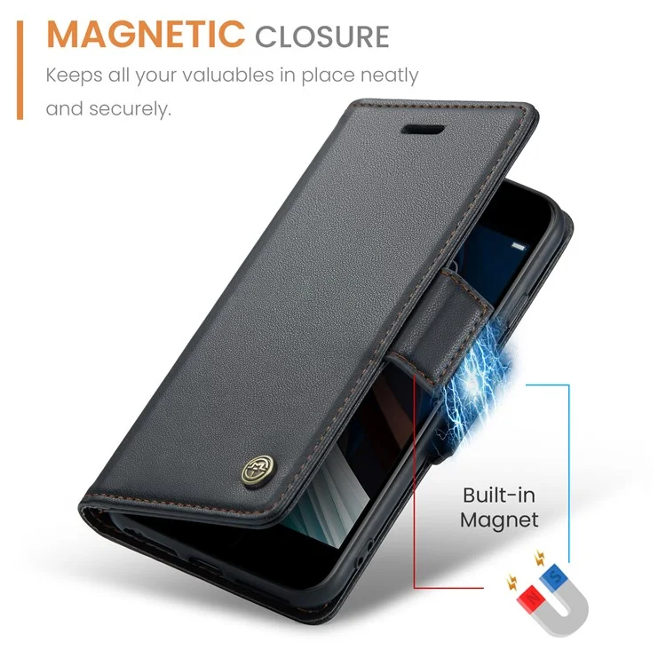 CASEME 023 Series per iPhone 6 / 6s / 7 / 8 / SE (2022) / (2020) Custodia portafoglio in pelle texture Litchi Stand con protezione RFID Anti-caduta - Nero