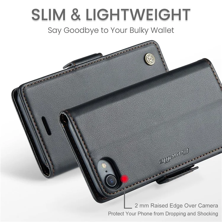 CASEME 023 Series per iPhone 6 / 6s / 7 / 8 / SE (2022) / (2020) Custodia portafoglio in pelle texture Litchi Stand con protezione RFID Anti-caduta - Nero