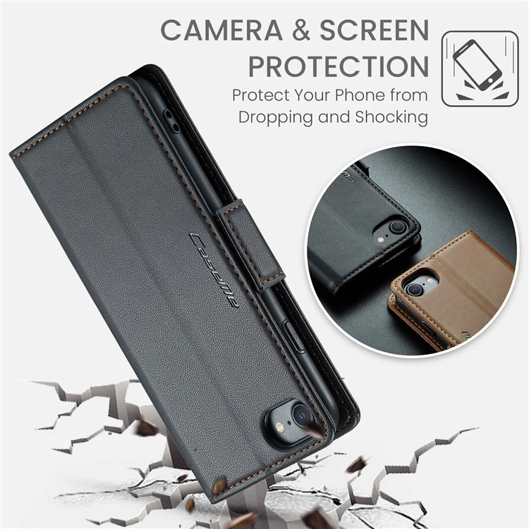 CASEME 023 Series per iPhone 6 / 6s / 7 / 8 / SE (2022) / (2020) Custodia portafoglio in pelle texture Litchi Stand con protezione RFID Anti-caduta - Nero