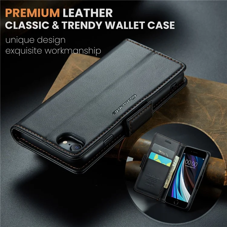 CASEME 023 Series For iPhone 6 / 6s / 7 / 8 / SE (2022) / (2020) Litchi Texture Leather Wallet Stand Case RFID Blocking Anti-drop Cover - Black