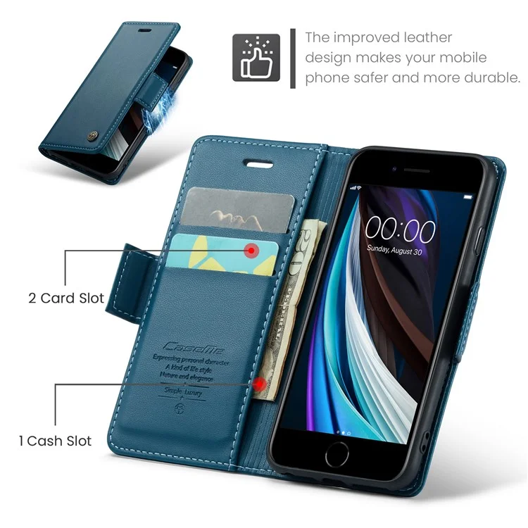 CASEME 023 Serie para iPhone 6 / 6s / 7 / 8 / SE (2022) / (2020) Funda de Cartera de Piel con Textura de Imitación de Piel Litchi Soporte Bloqueo RFID Anticaída - Azul