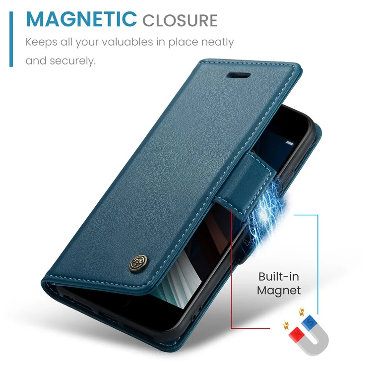 CASEME 023 Serie para iPhone 6 / 6s / 7 / 8 / SE (2022) / (2020) Funda de Cartera de Piel con Textura de Imitación de Piel Litchi Soporte Bloqueo RFID Anticaída - Azul