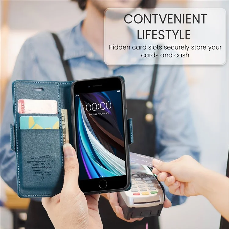 CASEME 023 Serie para iPhone 6 / 6s / 7 / 8 / SE (2022) / (2020) Funda de Cartera de Piel con Textura de Imitación de Piel Litchi Soporte Bloqueo RFID Anticaída - Azul