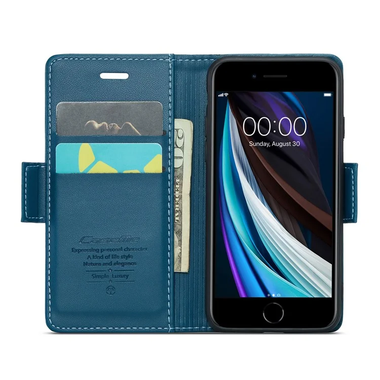 CASEME 023 Serie para iPhone 6 / 6s / 7 / 8 / SE (2022) / (2020) Funda de Cartera de Piel con Textura de Imitación de Piel Litchi Soporte Bloqueo RFID Anticaída - Azul