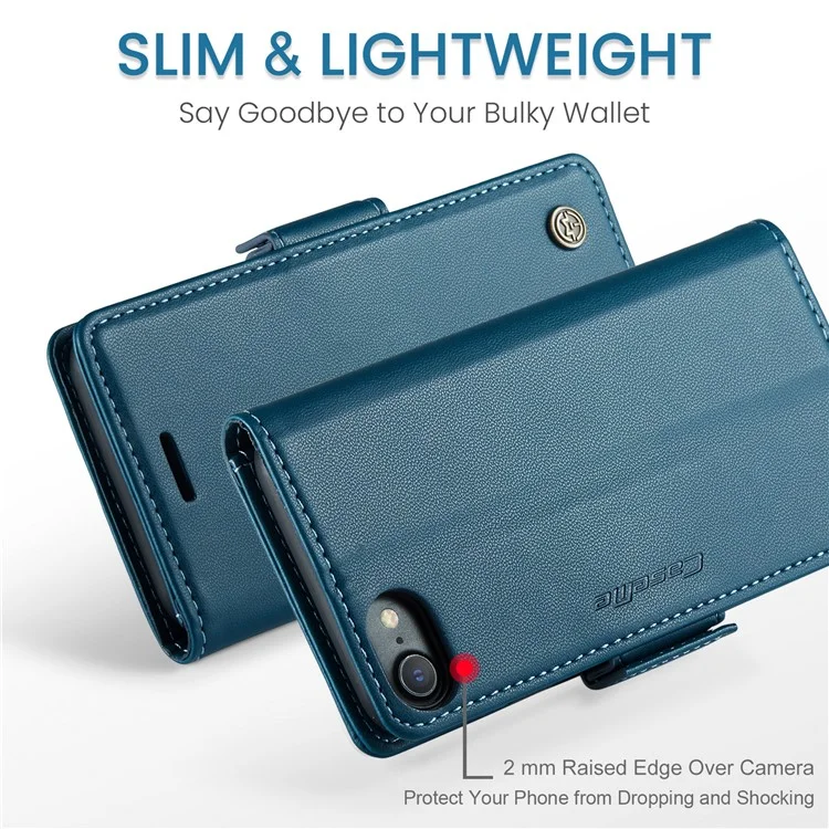 CASEME 023 Serie para iPhone 6 / 6s / 7 / 8 / SE (2022) / (2020) Funda de Cartera de Piel con Textura de Imitación de Piel Litchi Soporte Bloqueo RFID Anticaída - Azul