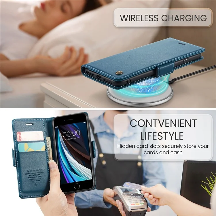 CASEME 023 Serie para iPhone 6 / 6s / 7 / 8 / SE (2022) / (2020) Funda de Cartera de Piel con Textura de Imitación de Piel Litchi Soporte Bloqueo RFID Anticaída - Azul