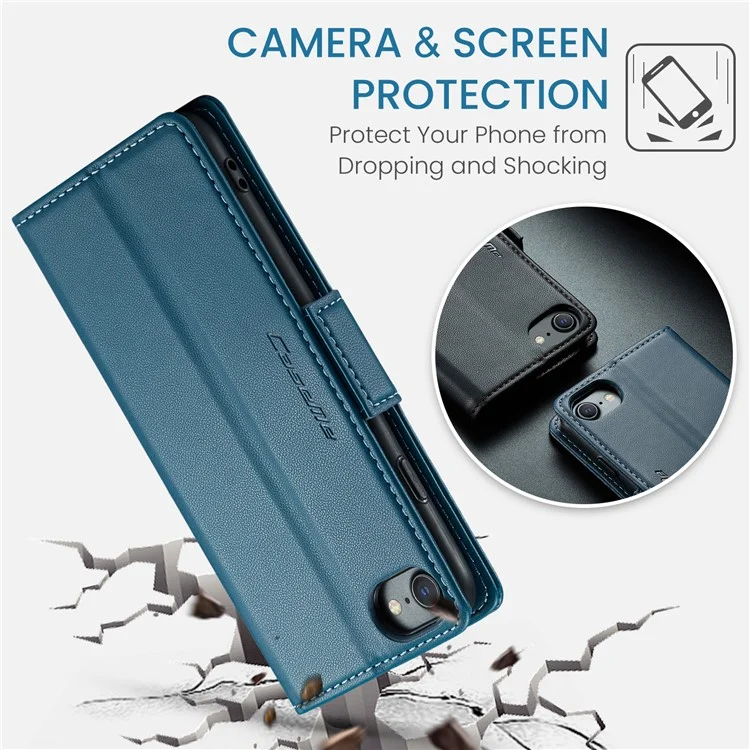 CASEME 023 Serie para iPhone 6 / 6s / 7 / 8 / SE (2022) / (2020) Funda de Cartera de Piel con Textura de Imitación de Piel Litchi Soporte Bloqueo RFID Anticaída - Azul