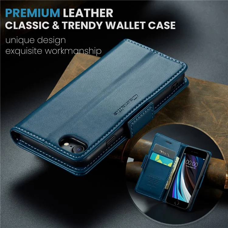CASEME 023 Serie para iPhone 6 / 6s / 7 / 8 / SE (2022) / (2020) Funda de Cartera de Piel con Textura de Imitación de Piel Litchi Soporte Bloqueo RFID Anticaída - Azul