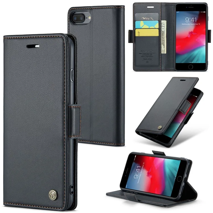 Serie Caseme 023 Para Iphone 6 Plus / 6s Más / 7 Más / 8 Más RFID Bloqueo de Cuero Case de Cuero Litchi Textura Phone Stand Cover - Negro