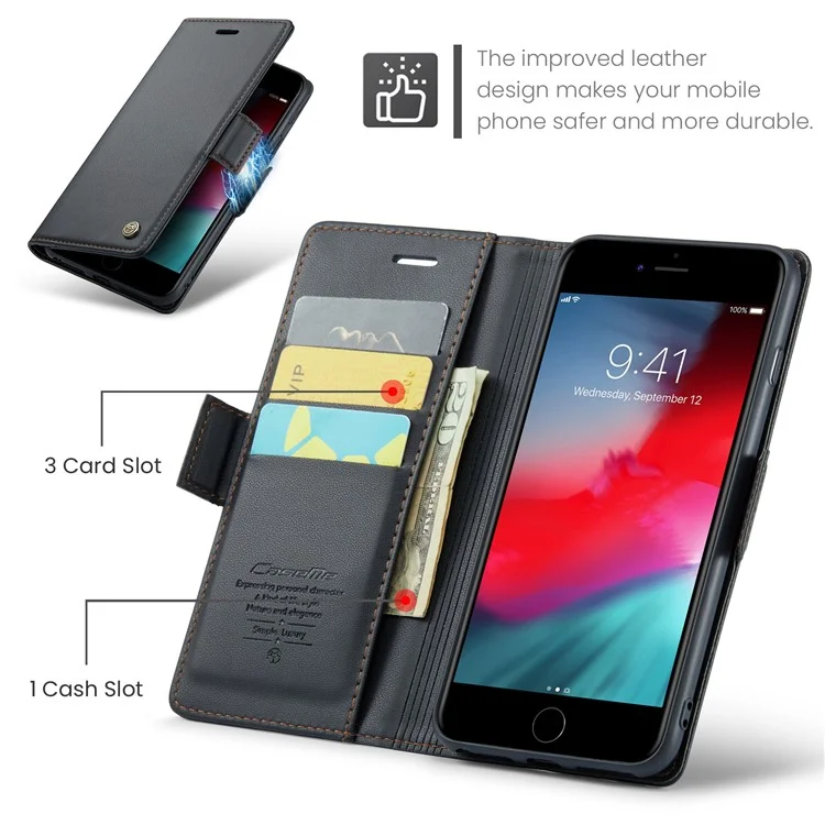 CASEME 023 Series For iPhone 6 Plus / 6s Plus / 7 Plus / 8 Plus RFID Blocking Leather Wallet Case Litchi Texture Phone Stand Cover - Black