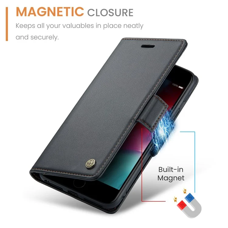 CASEME 023 Series For iPhone 6 Plus / 6s Plus / 7 Plus / 8 Plus RFID Blocking Leather Wallet Case Litchi Texture Phone Stand Cover - Black