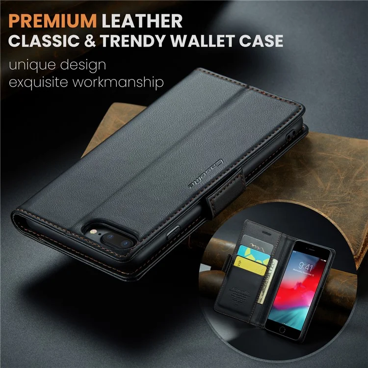 CASEME 023 Series For iPhone 6 Plus / 6s Plus / 7 Plus / 8 Plus RFID Blocking Leather Wallet Case Litchi Texture Phone Stand Cover - Black