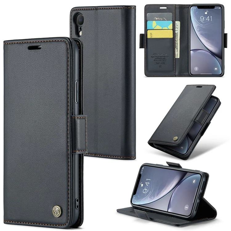 CASEME 023 Serie per iPhone XR 6.1 pollici Custodia in pelle Litchi Texture Flip Stand Wallet RFID Blocking Phone Cover - Nero