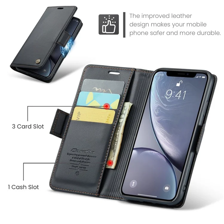 CASEME 023 Serie per iPhone XR 6.1 pollici Custodia in pelle Litchi Texture Flip Stand Wallet RFID Blocking Phone Cover - Nero