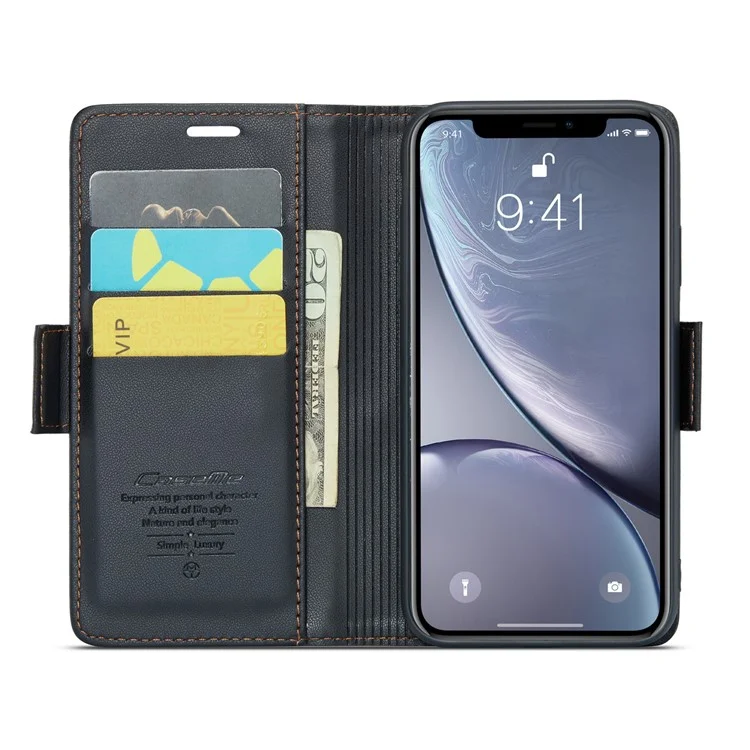 CASEME 023 Serie per iPhone XR 6.1 pollici Custodia in pelle Litchi Texture Flip Stand Wallet RFID Blocking Phone Cover - Nero