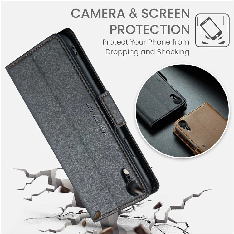 CASEME 023 Serie per iPhone XR 6.1 pollici Custodia in pelle Litchi Texture Flip Stand Wallet RFID Blocking Phone Cover - Nero