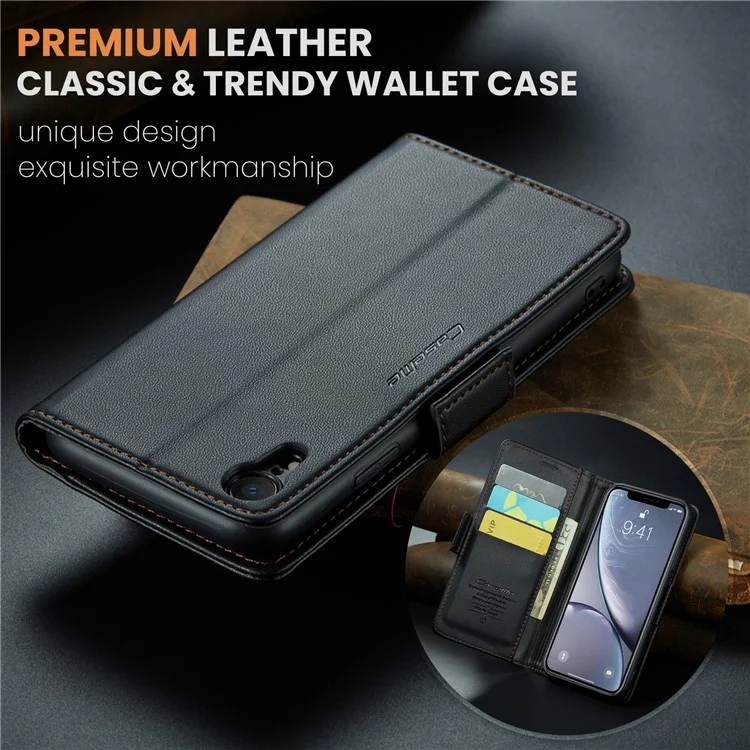 CASEME 023 Serie per iPhone XR 6.1 pollici Custodia in pelle Litchi Texture Flip Stand Wallet RFID Blocking Phone Cover - Nero