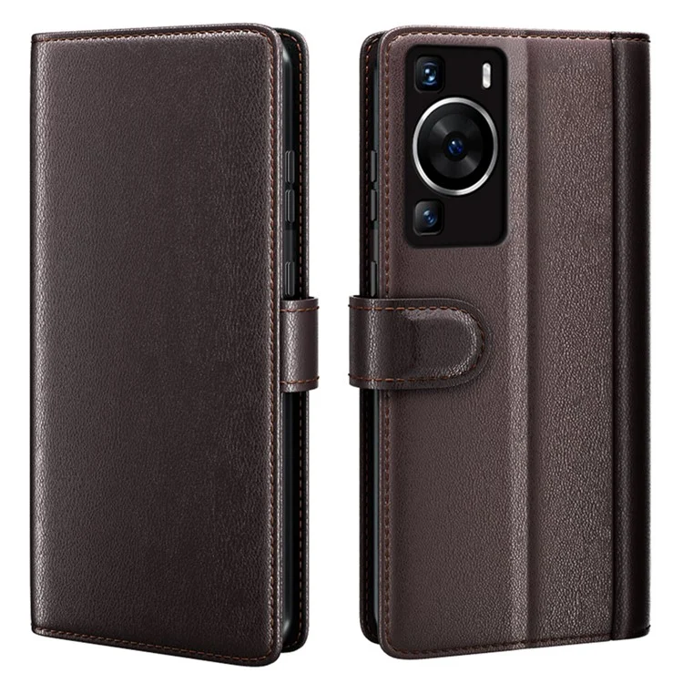 For Huawei P60 Case Genuine Split Leather Phone Cover with Wallet Stand - Brown