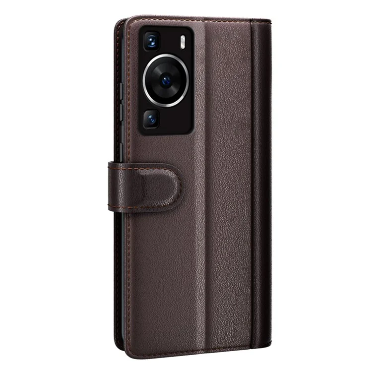 For Huawei P60 Case Genuine Split Leather Phone Cover with Wallet Stand - Brown