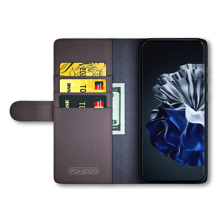 For Huawei P60 Case Genuine Split Leather Phone Cover with Wallet Stand - Brown