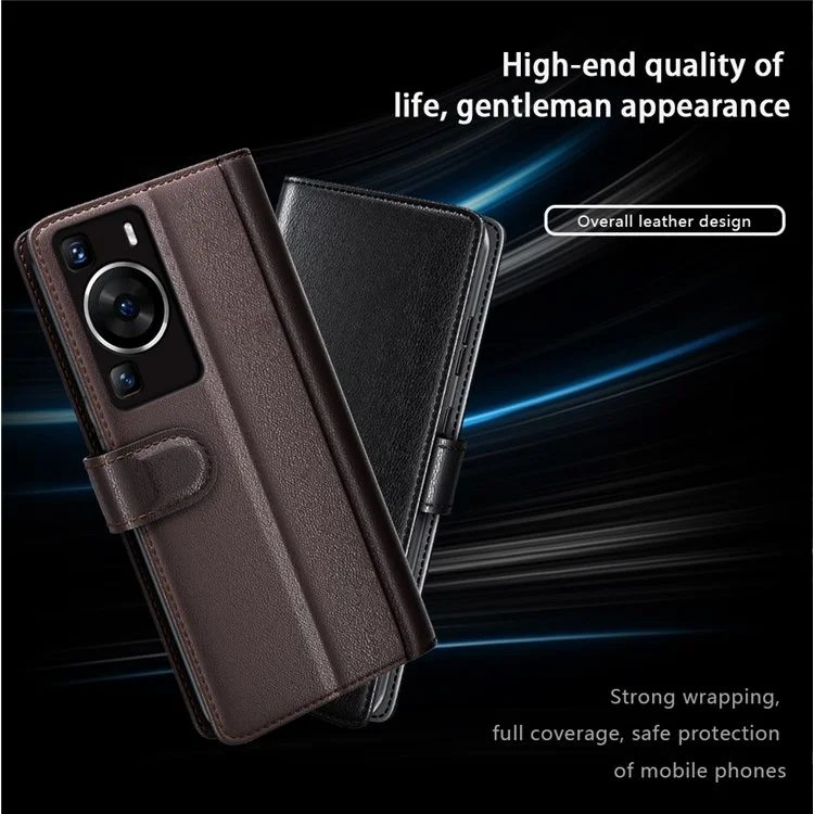 For Huawei P60 Case Genuine Split Leather Phone Cover with Wallet Stand - Brown