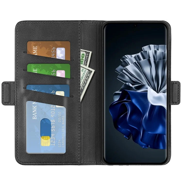 Para Huawei P60 PU Leather Wallet Flip Phone Cover Calf Texture Stand Folio Cover - Preto
