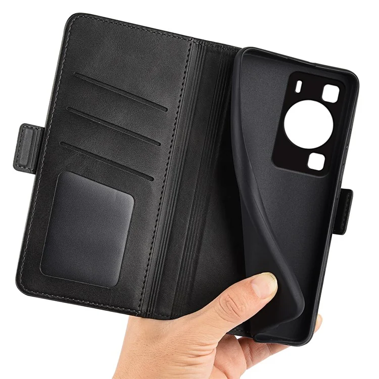 Para Huawei P60 PU Leather Wallet Flip Phone Cover Calf Texture Stand Folio Cover - Preto