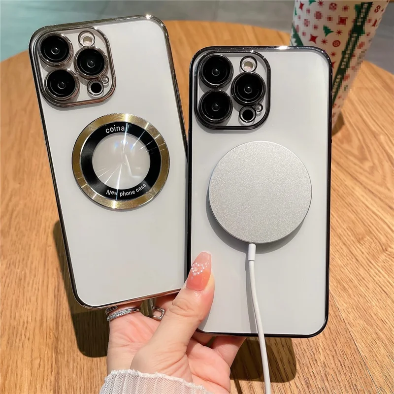 For iPhone 12 Pro Raised Bezel Electroplating Phone Cover Magnetic Charging Phone Case Shell - Blue