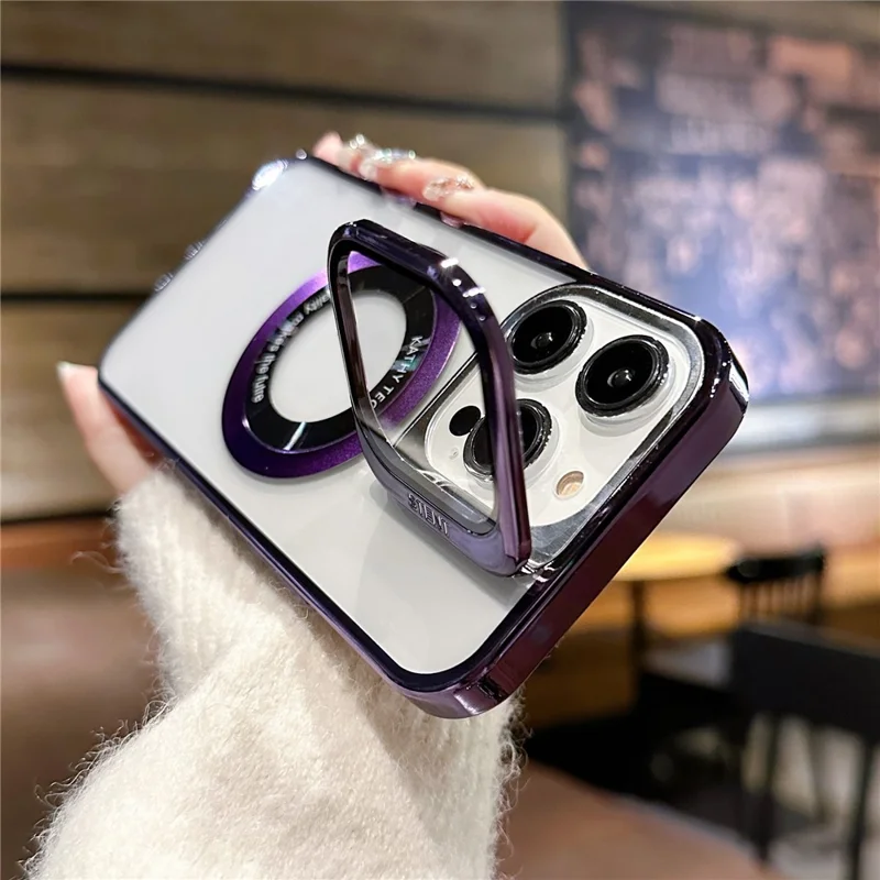 VOERO For iPhone 12 Pro / 12 Supporting Magnetic Charging Phone Case Kickstand Electroplating Cell Phone Cover - Dark Purple