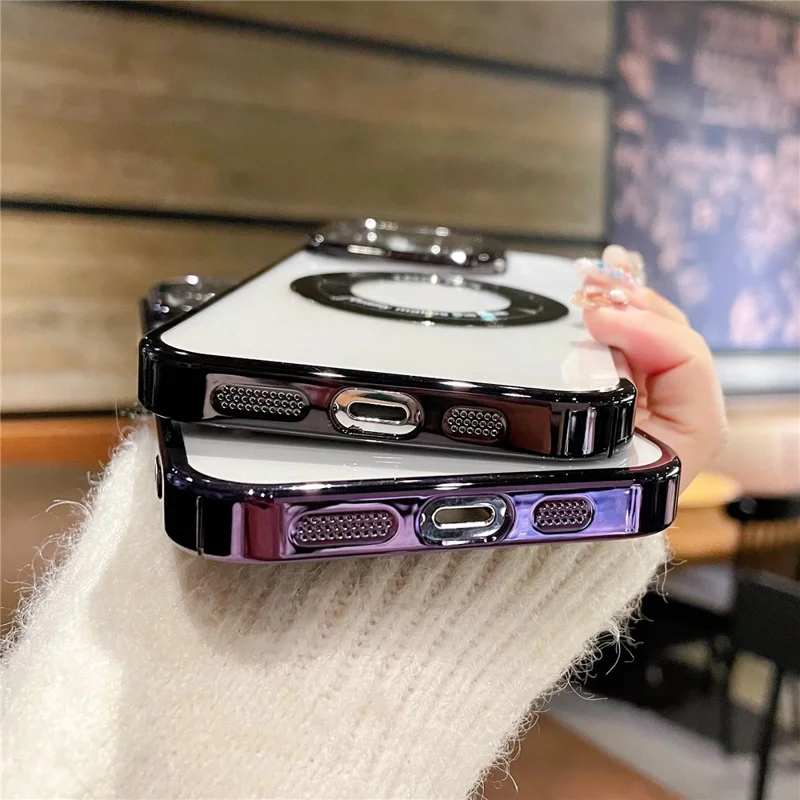 VOERO For iPhone 12 Pro / 12 Supporting Magnetic Charging Phone Case Kickstand Electroplating Cell Phone Cover - Dark Purple