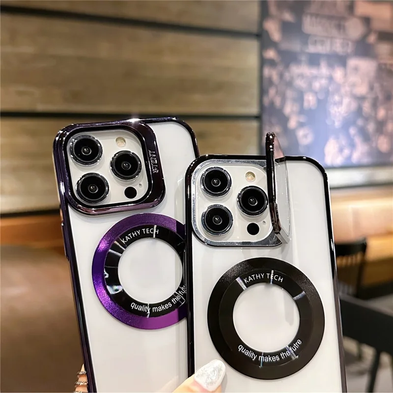 VOERO For iPhone 12 Pro / 12 Supporting Magnetic Charging Phone Case Kickstand Electroplating Cell Phone Cover - Dark Purple