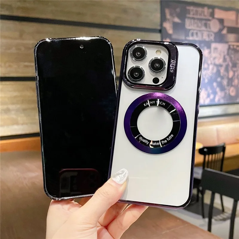 VOERO For iPhone 12 Pro / 12 Supporting Magnetic Charging Phone Case Kickstand Electroplating Cell Phone Cover - Dark Purple