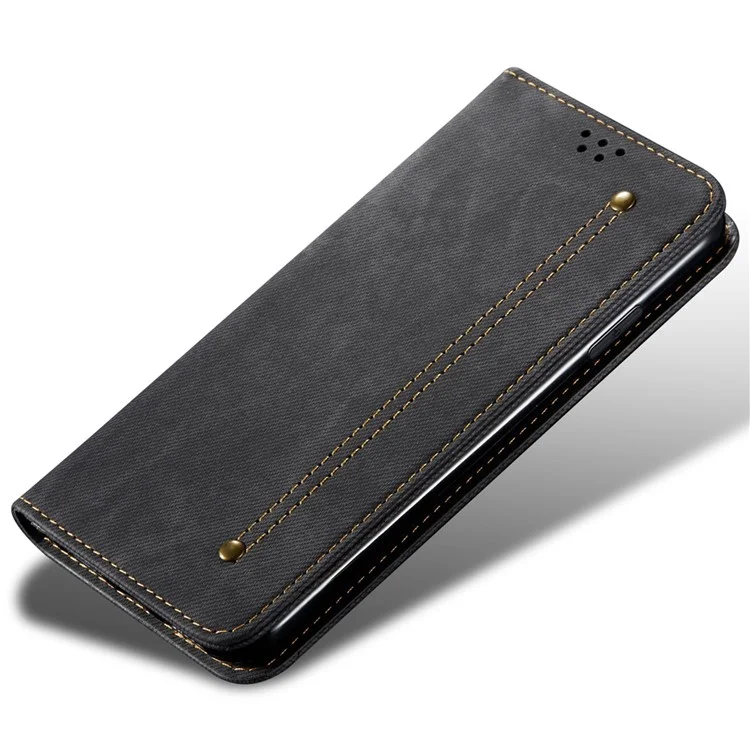 For Realme C55 4G PU Leather Case Stand Wallet Jeans Cloth Texture Cell Phone Cover - Black