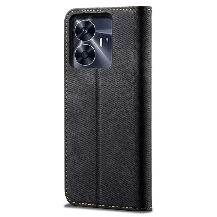 For Realme C55 4G PU Leather Case Stand Wallet Jeans Cloth Texture Cell Phone Cover - Black