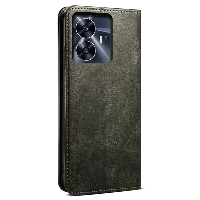 Leather Phone Cover for Realme C55 4G , Waxy Crazy Horse Texture Phone Case with Stand Wallet - Green