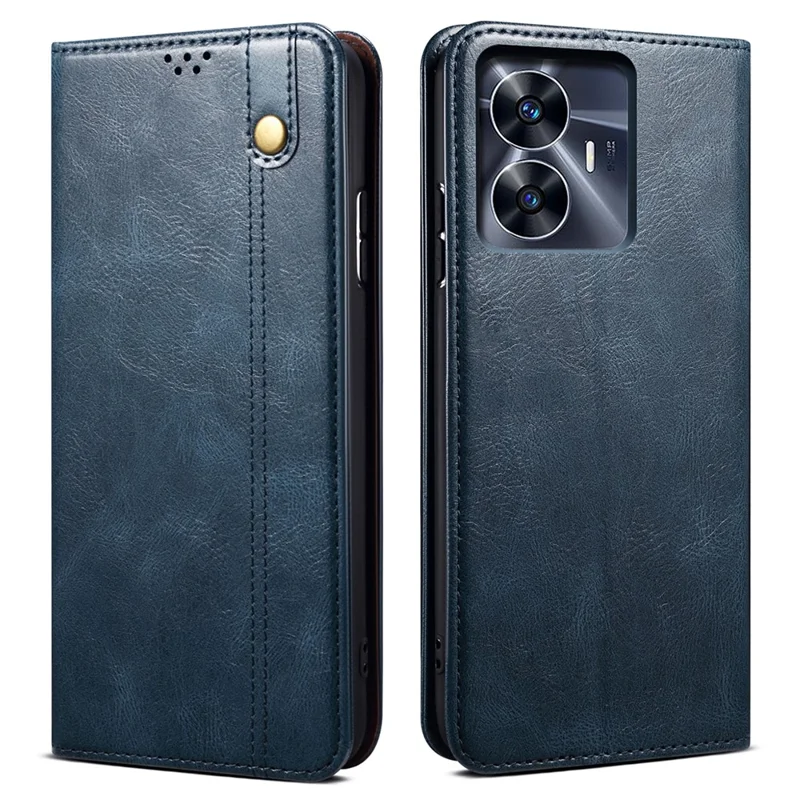 غطاء هاتف جلد لـ Realme C55 4G، غطاء هاتف بملمس جلد حصان كريزي شمعي مع حامل ومحفظة - أزرق