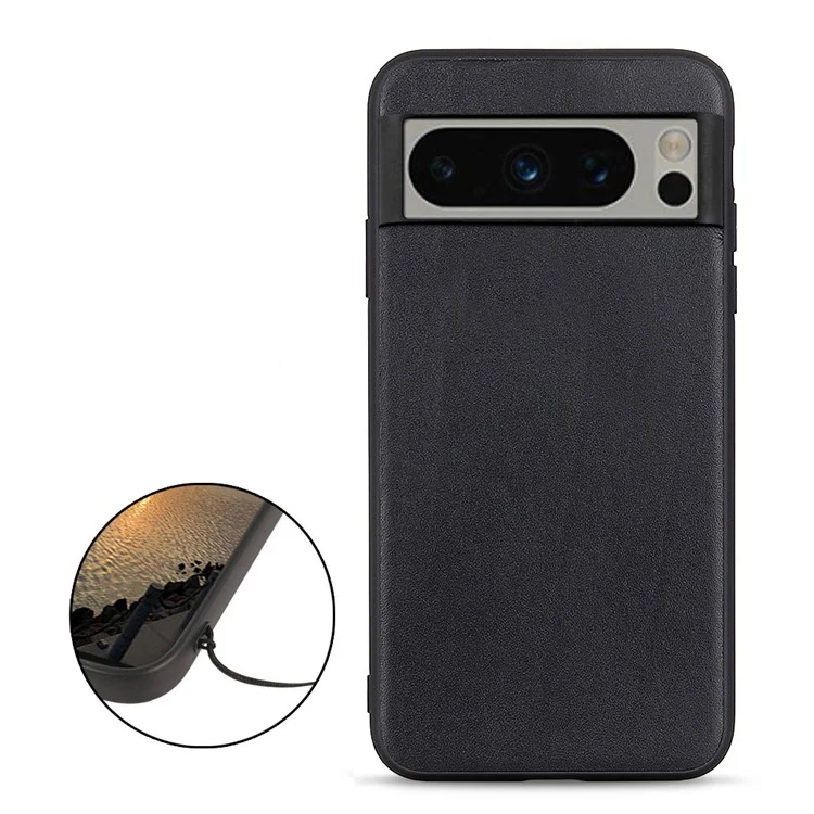 Phone Case for Google Pixel 8 Pro Textured Genuine Cowhide Leather Coated TPU Phone Cover - Black