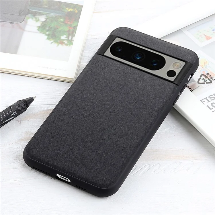 Phone Case for Google Pixel 8 Pro Textured Genuine Cowhide Leather Coated TPU Phone Cover - Black