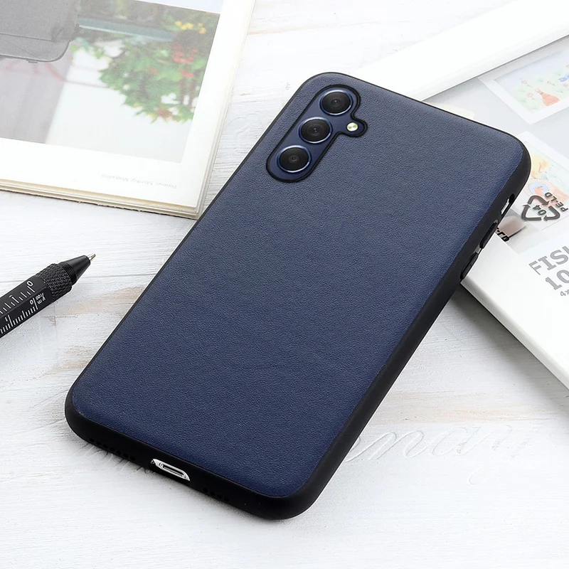 For Samsung Galaxy M54 5G / F54 5G Textured Genuine Cowhide Leather Coated TPU Phone Cover Protective Case - Blue