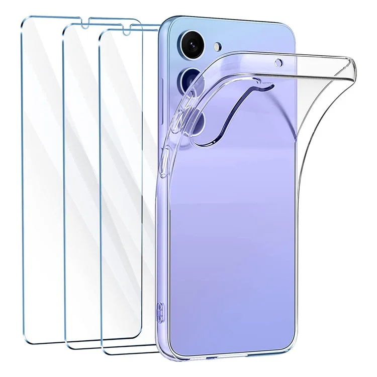 Per Samsung Galaxy A54 5G Clear TPU Phone Case con 3Pcs 2.5D Arc Edge Tempered Glass Screen Film